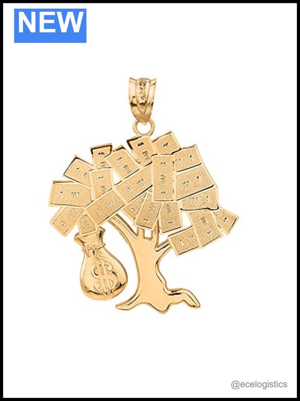 Solid 10k Yellow Gold Money Bag Tree Pendant